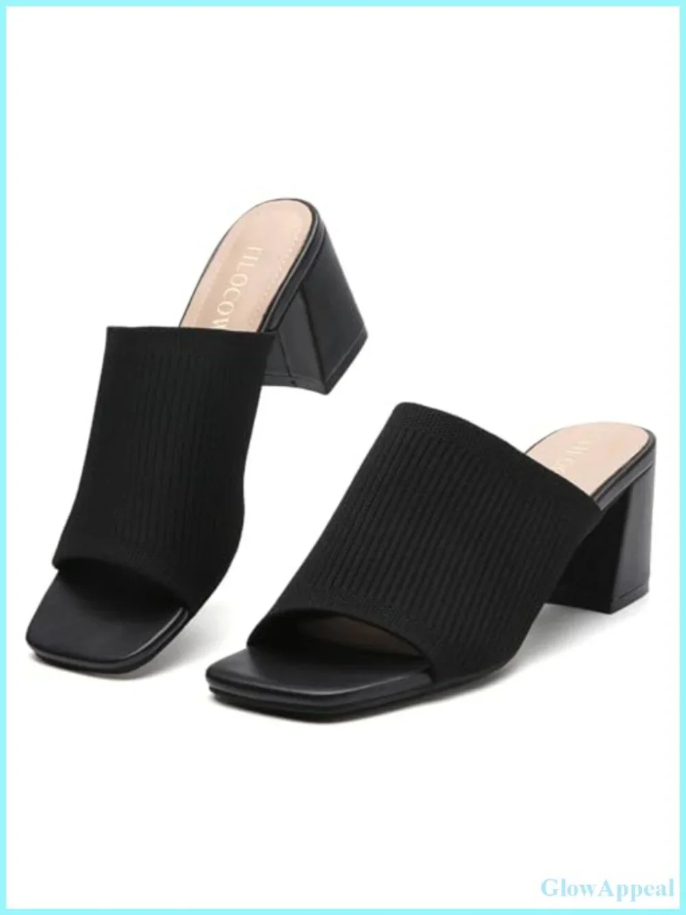 Women's Square Toe Block Heel Mules Sandals Slip On Knit